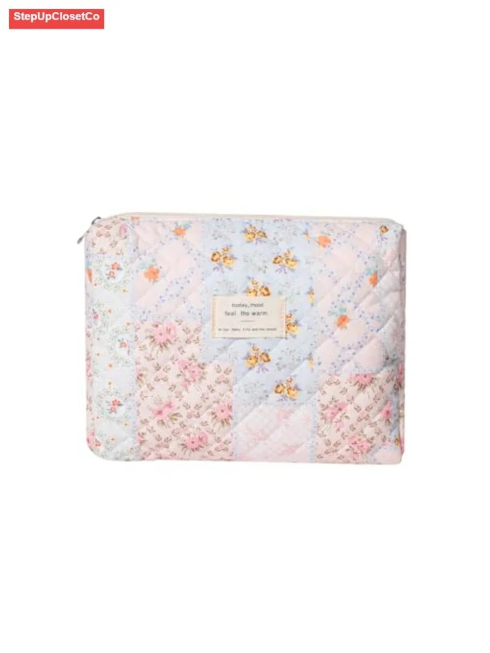 Quilted Cotton Makeup Bag with Zipper | Soft Floral Travel Cosmetic Pouch